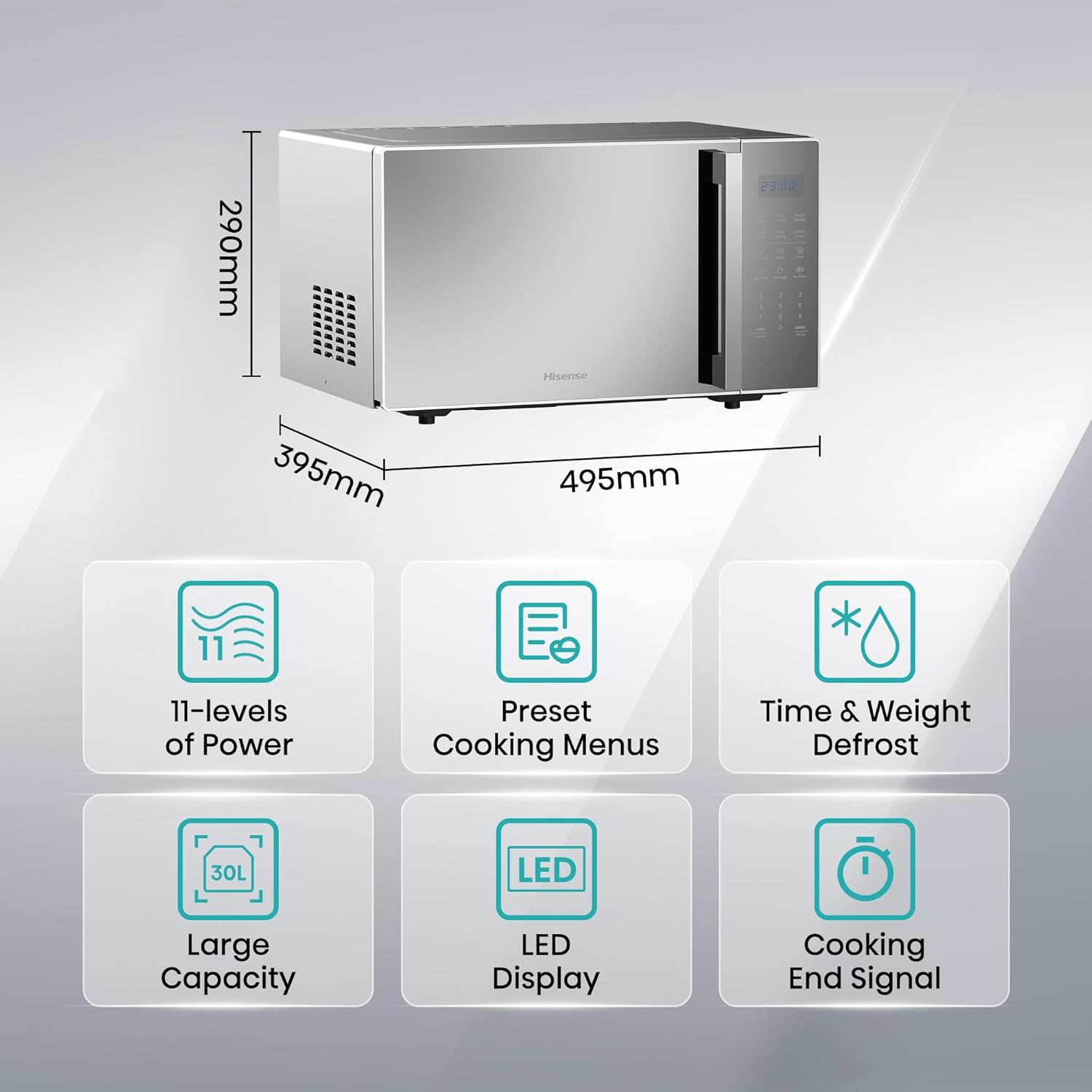 hisense 30l microwave oven, 11 power levels, preset programs, time and weight defrost, led display, cooking end signal, large capacity, h30moms9h