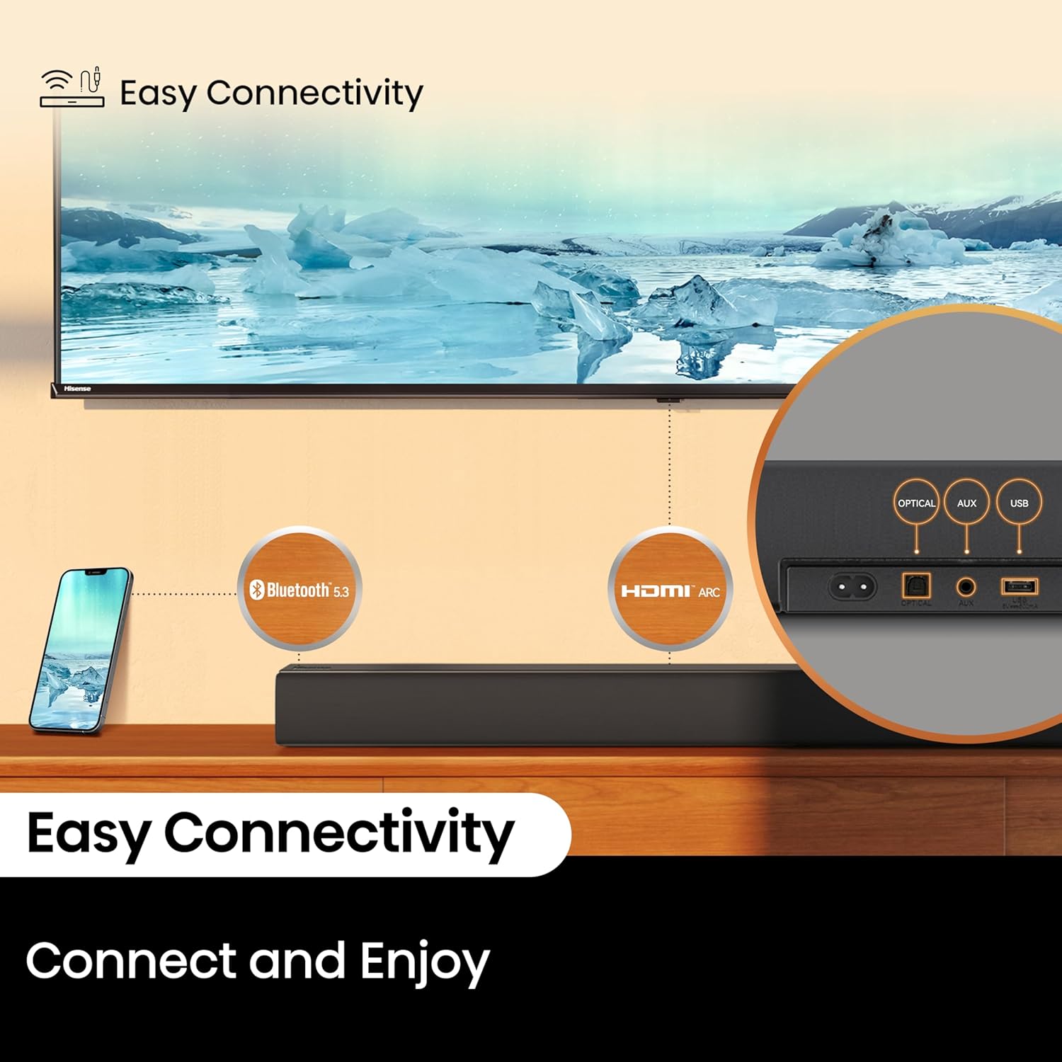 hisense hs5100 5.1 channel soundbar with 6.5" wireless subwoofer, 540w max audio power, bluetooth 5.3,dolby digital plus, powered by dts virtual:x, hdmi, ezplay, roku tv ready, dts: x, hdmi/aux/arc/optical/usb