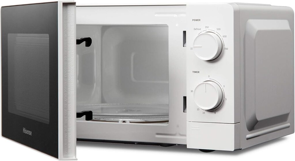 hisense microwave 20l white colour with mechanical knob control, hisense h20mows1 microwave with mechanical control, capacity 20 l, power 700 watt on 6 levels, white