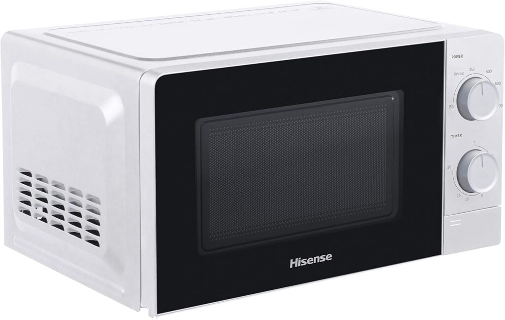 hisense microwave 20l white colour with mechanical knob control, hisense h20mows1 microwave with mechanical control, capacity 20 l, power 700 watt on 6 levels, white