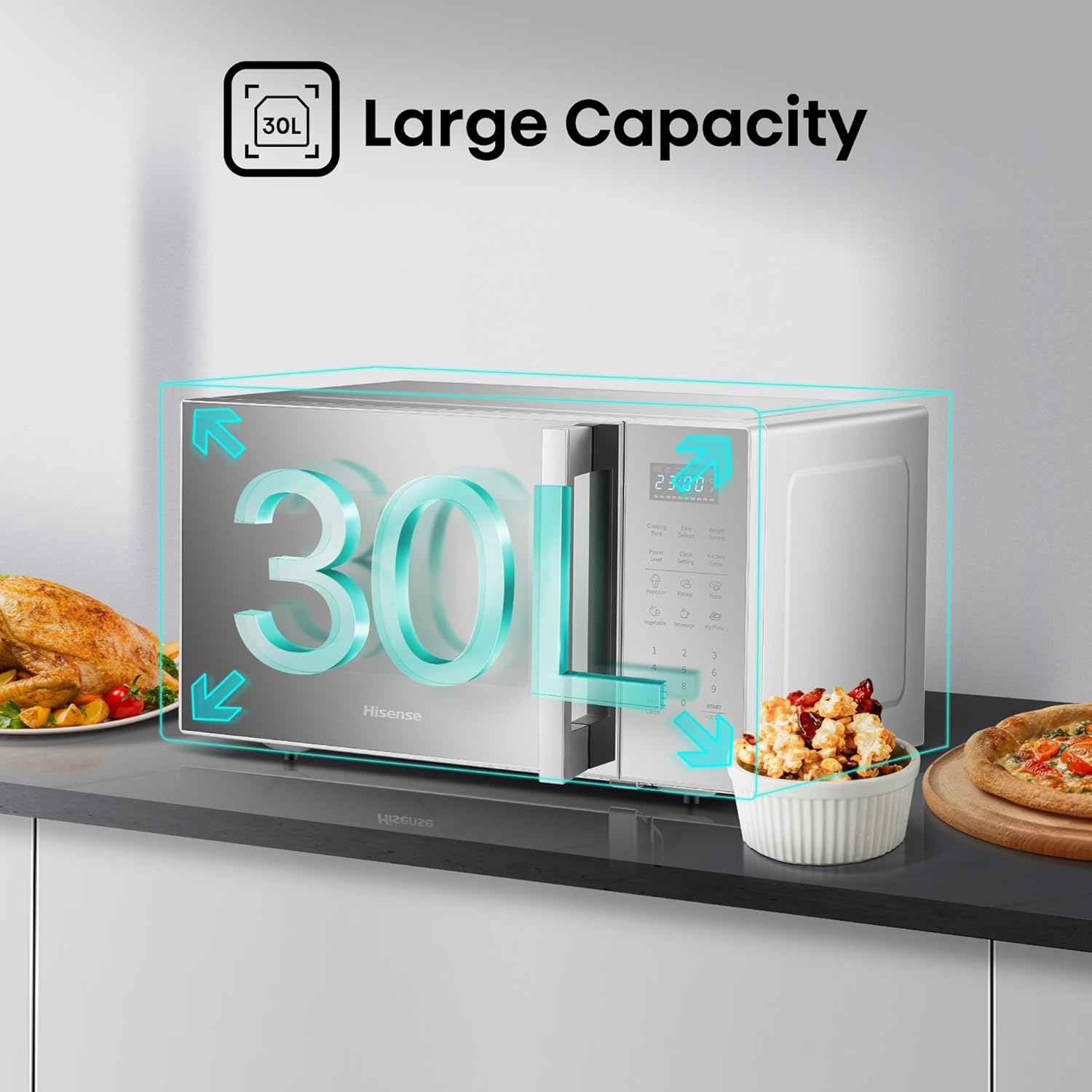 hisense 30l microwave oven, 11 power levels, preset programs, time and weight defrost, led display, cooking end signal, large capacity, h30moms9h,