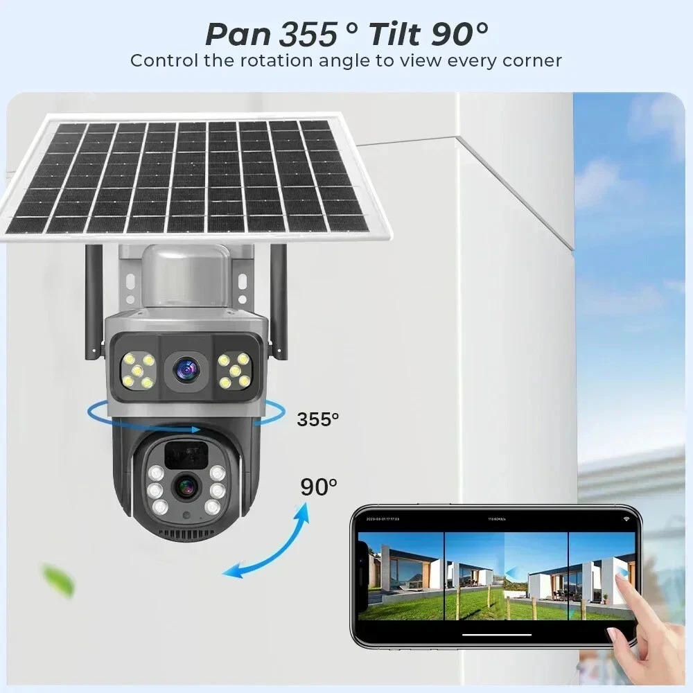 4g ptz 360 cctv camera with alarm, energy devices 5g dual lens solar security camera with 4g/5g sim support, 360° ptz view, night vision, motion detection, two way audio, ip66 waterproof, low power consumption, and mobile app control