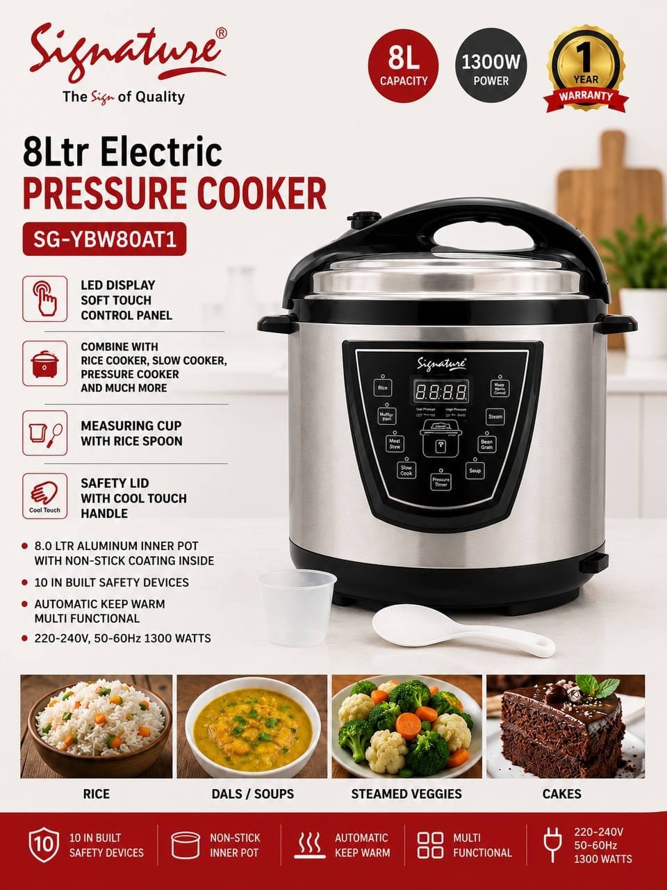 Signature 8L 1300W Smart Electric Pressure Cooker - Steamer & Rice
