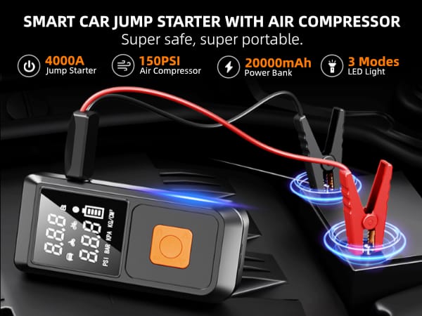 2 in 1 Jump Starter & Tire Inflator Portable Air Compressor, Cordless Electric Air Pump with Digital Tire Pressure Gauge,Car Accessories for E-Bike, Motorcycle (2 in 1 Jump Starter & Tire Inflator)