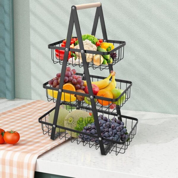 3-Tier Detachable Mesh Fruit Basket - Wooden Handle Kitchen Rack