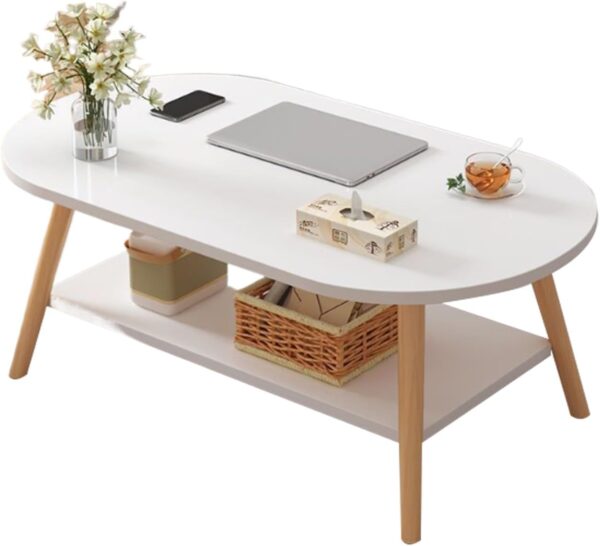 Modern Wooden Oval Coffee Table with 2-Tier Storage Shelf